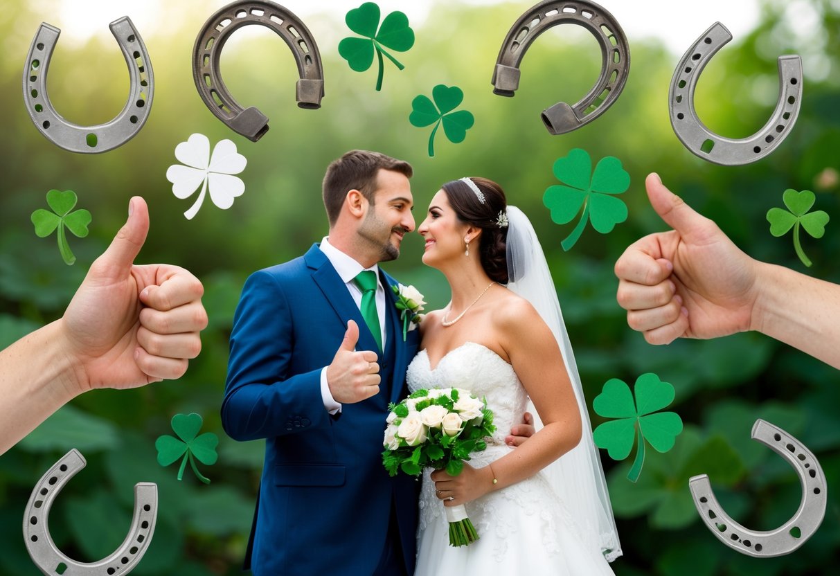 A bride and groom surrounded by symbols of good luck: horseshoes, clovers, and four-leafed clovers, as well as gestures like crossed fingers and thumbs up
