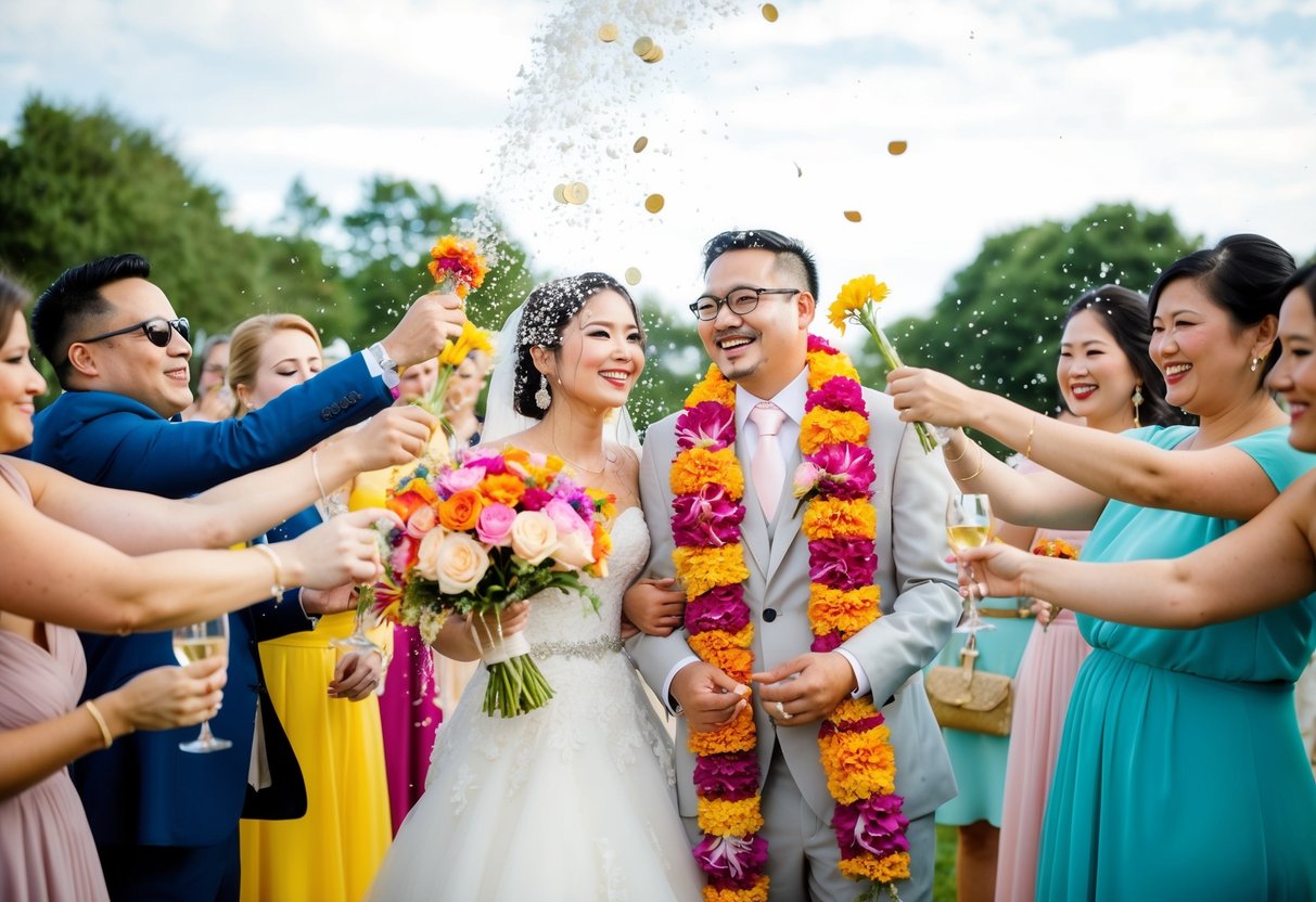 Guests shower bride and groom with colorful flowers, rice, and coins for good fortune