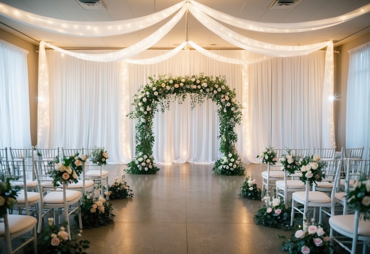 An empty room is transformed with white drapes, twinkling lights, and floral arrangements. A grand arch adorned with greenery and flowers stands at the center