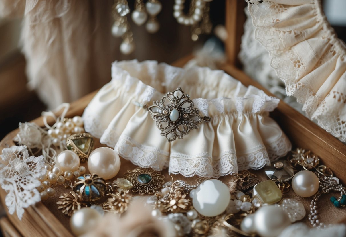 A garter is purchased from a vintage shop, nestled among lace and silk, surrounded by delicate trinkets and old-fashioned charm