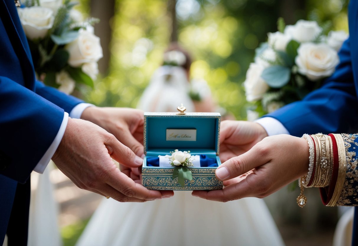 A garter is placed in a decorative box and handed over during a traditional wedding ceremony