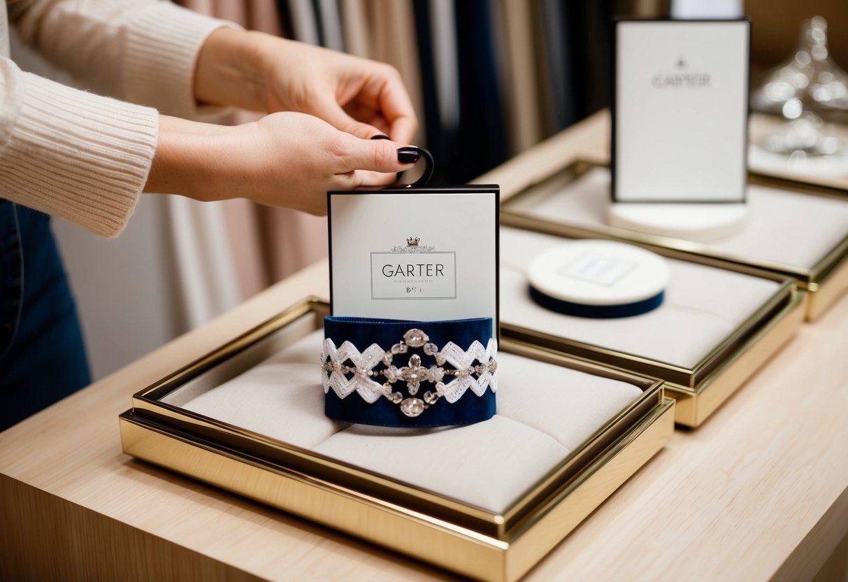 A garter being purchased at a modern boutique, with elegant packaging and a stylish display