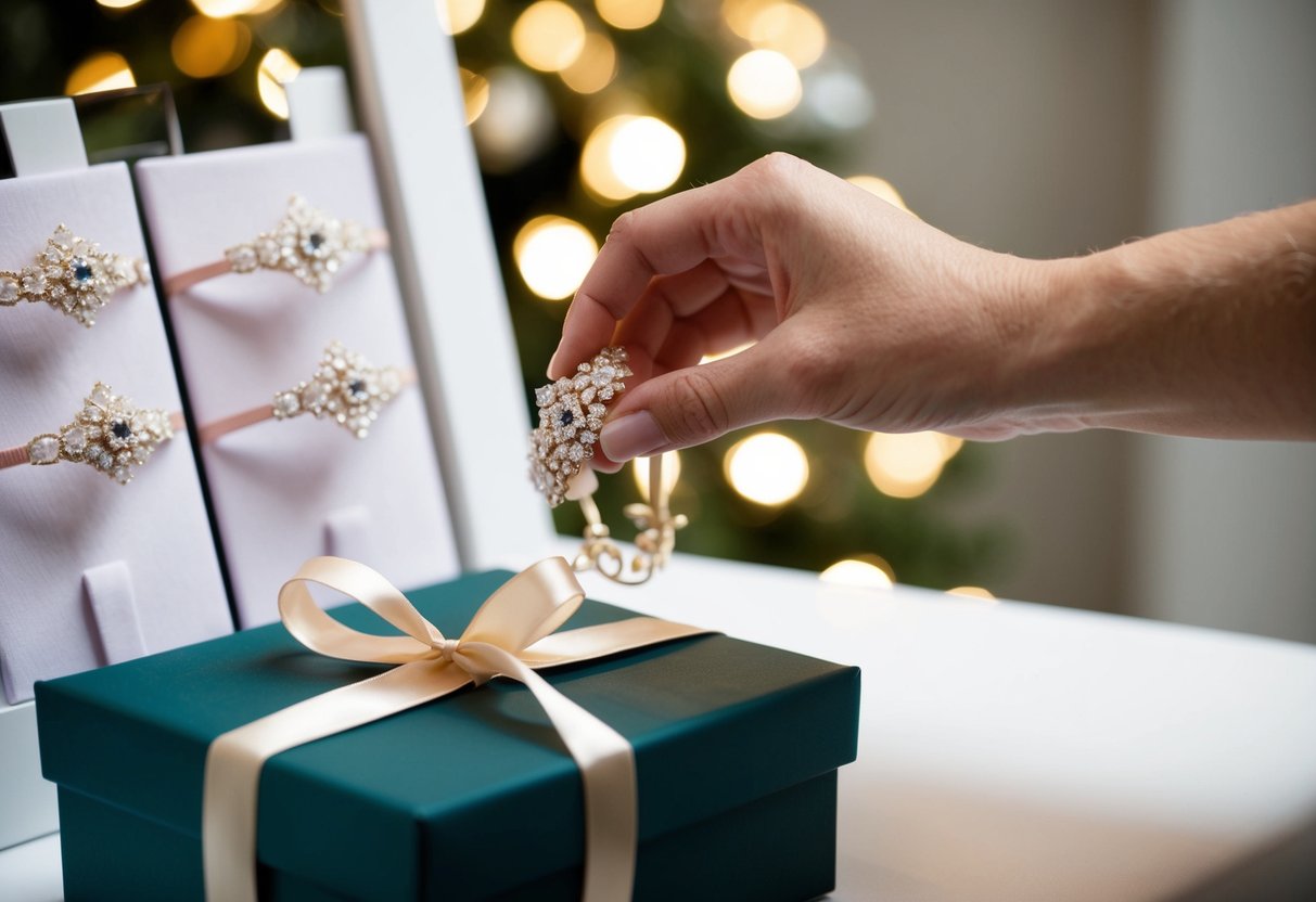 A hand reaches out to select a delicate garter from a display, then places it into a beautifully wrapped gift box with a ribbon