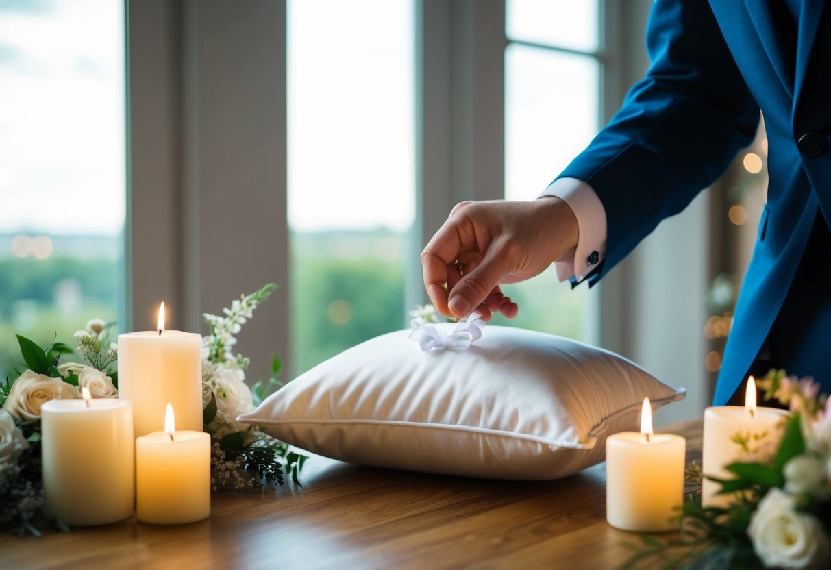 A groom places a garter on a pillow, surrounded by flowers and candles, symbolizing tradition and sentimentality