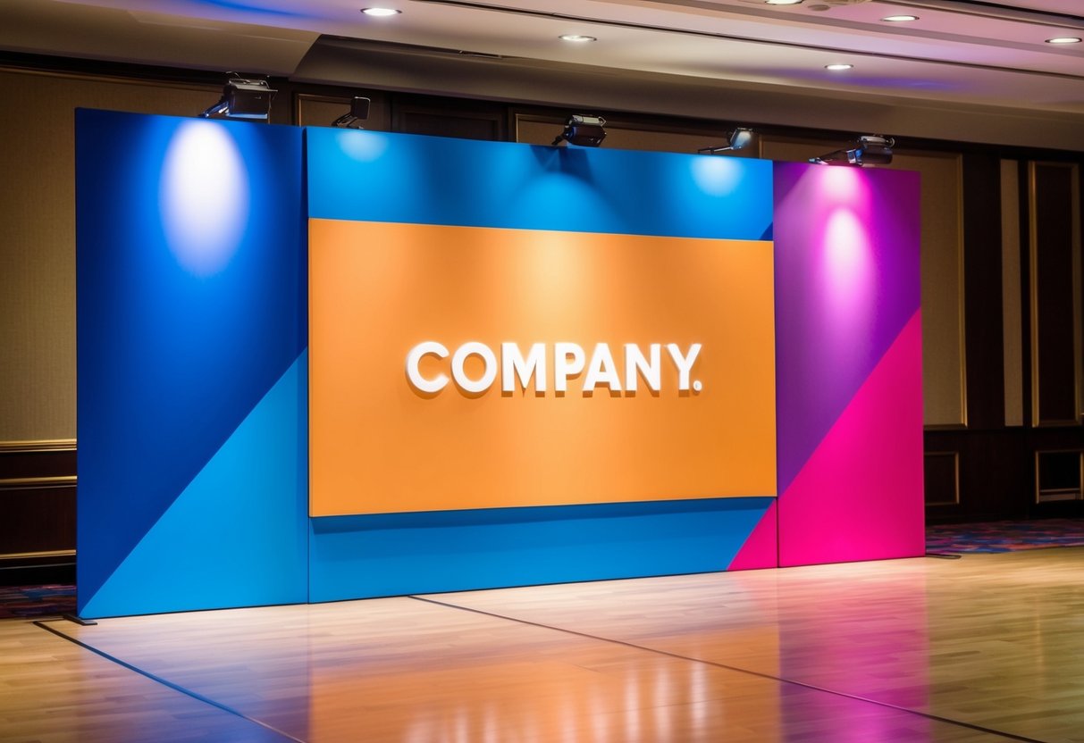 A vibrant stage backdrop in the brand's primary color, with bold geometric shapes and the company's logo subtly incorporated