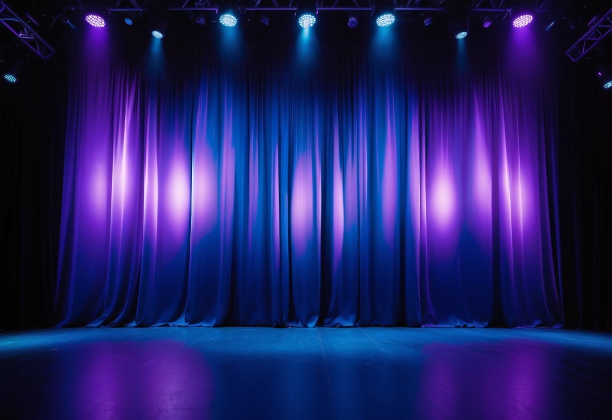 The stage backdrop is a deep indigo, with subtle gradient effects of purples and blues to create a dynamic and visually captivating atmosphere