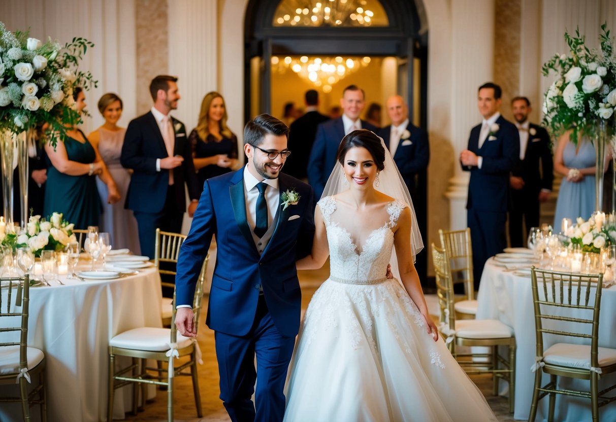 A couple sneaking into a lavish wedding reception, surrounded by elegant decorations and well-dressed guests