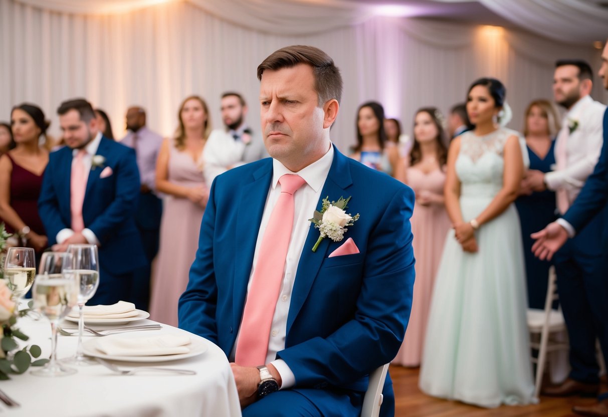 A wedding guest looking displeased as uninvited guests crash the reception