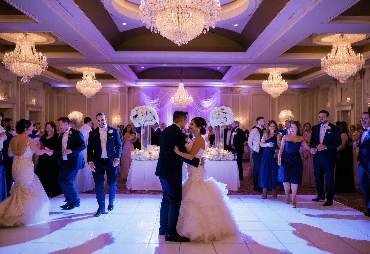 A lavish wedding reception with elegant decor and a bustling dance floor, as uninvited guests sneak in unnoticed