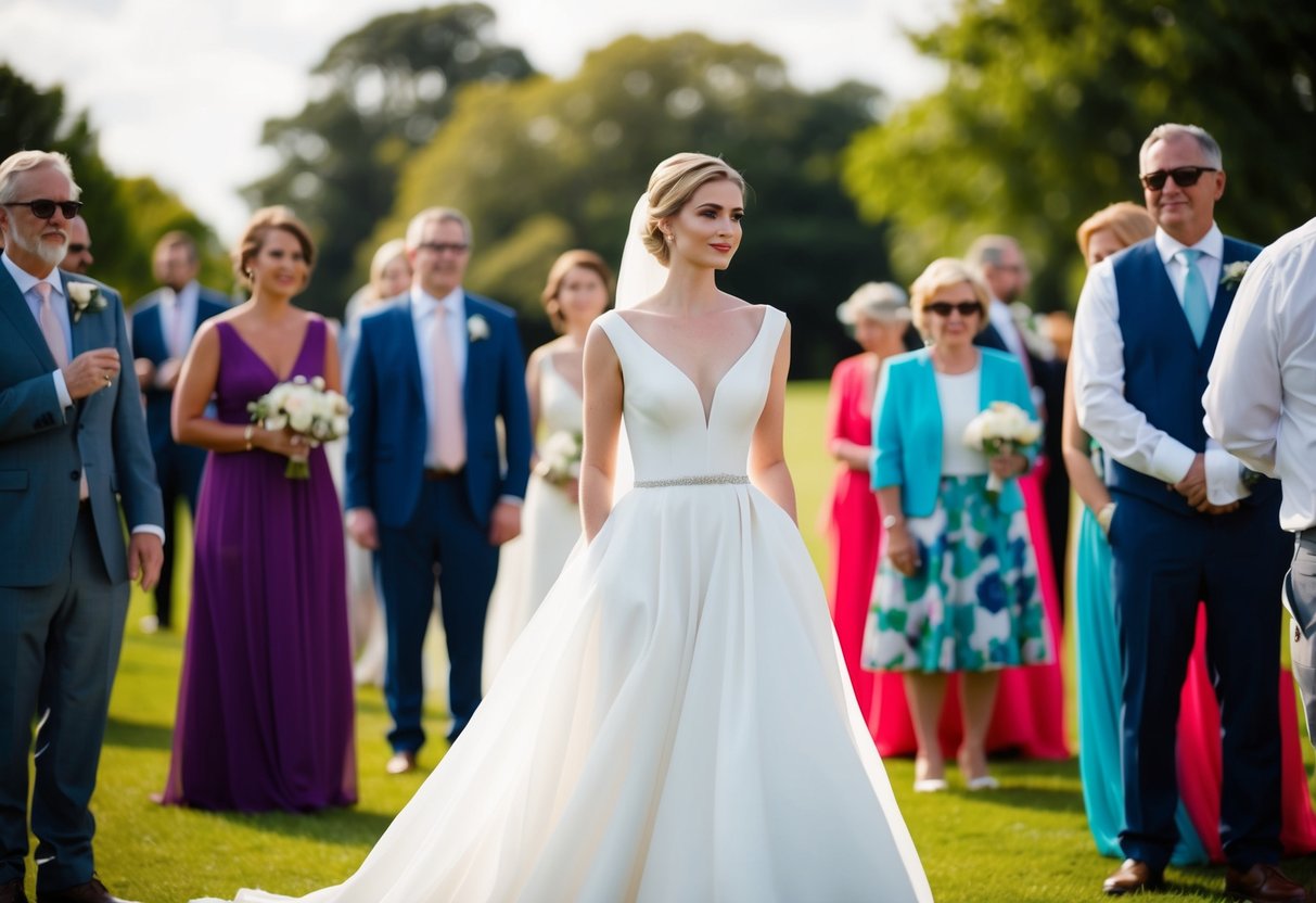 A serene bride in a flowing white gown stands out among colorful wedding guests