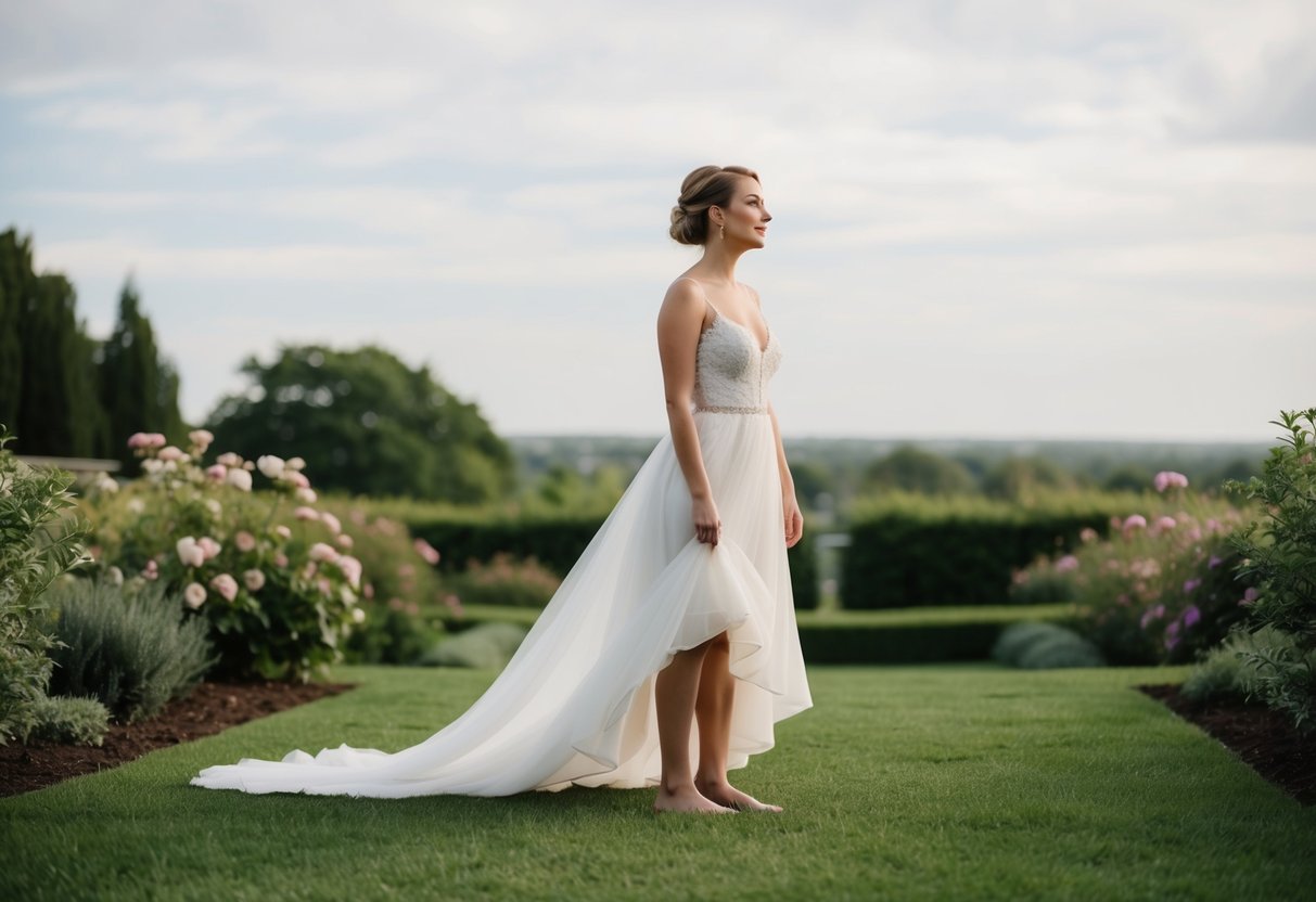 A bride stands barefoot in a lush garden, her flowing white gown trailing behind her as she gazes at the horizon with a serene expression
