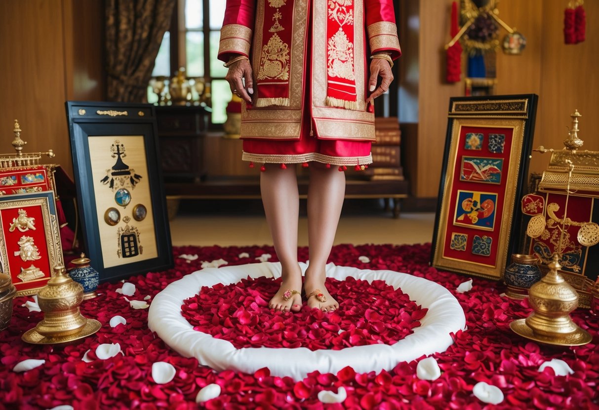A bride stands barefoot on a bed of rose petals, surrounded by traditional cultural symbols and artifacts