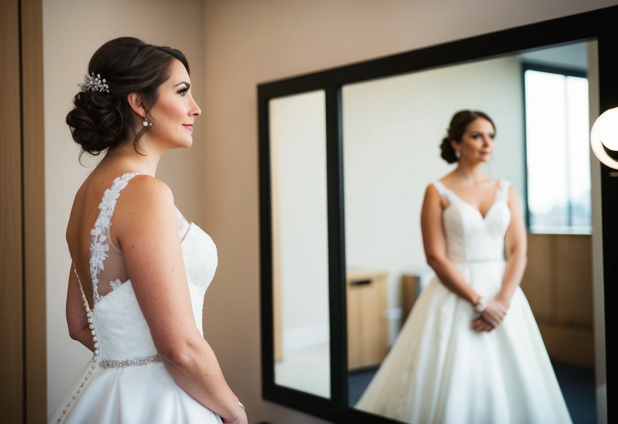 A bride in a white dress standing in front of a mirror, looking contemplative