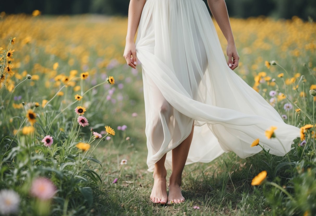 A barefoot bride stands in a field of wildflowers, with her flowing dress and loose hair symbolizing freedom and natural beauty