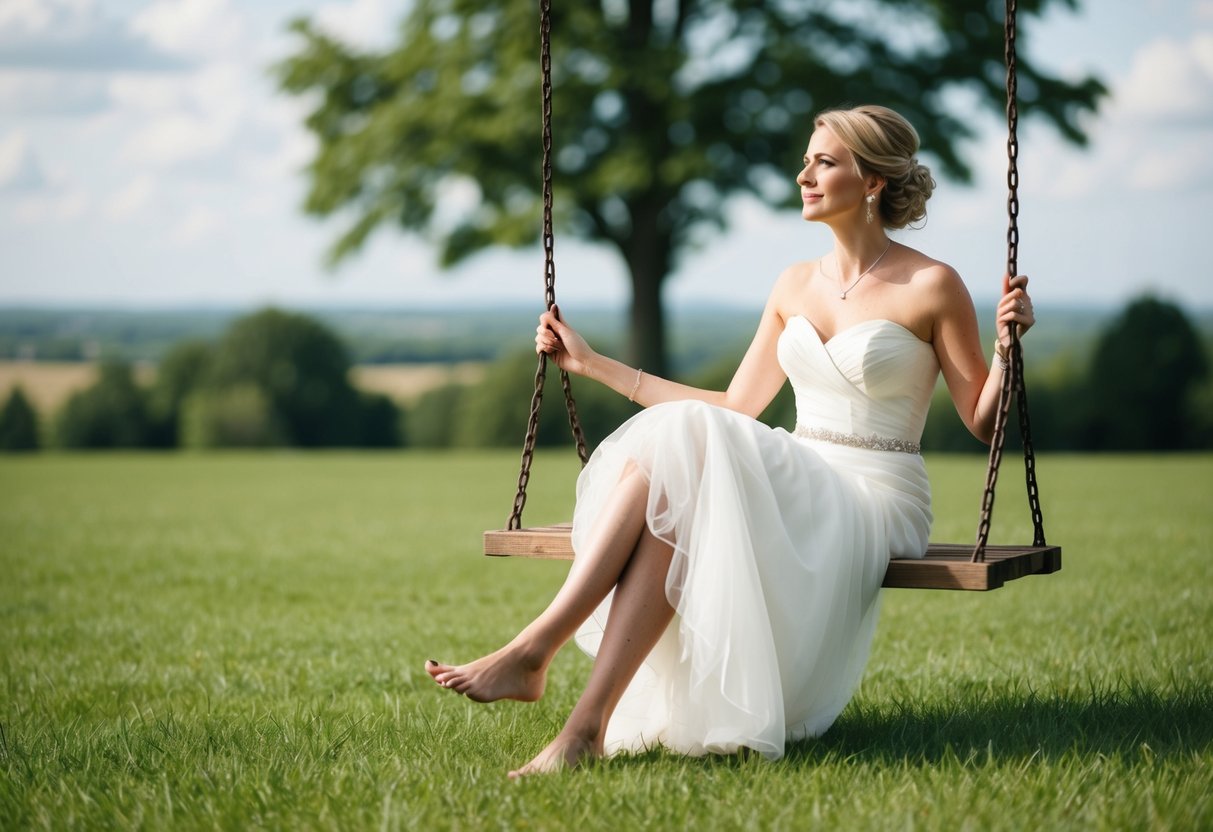 A bride sits on a wooden swing, her bare feet grazing the grass as she gazes at the horizon, lost in thought