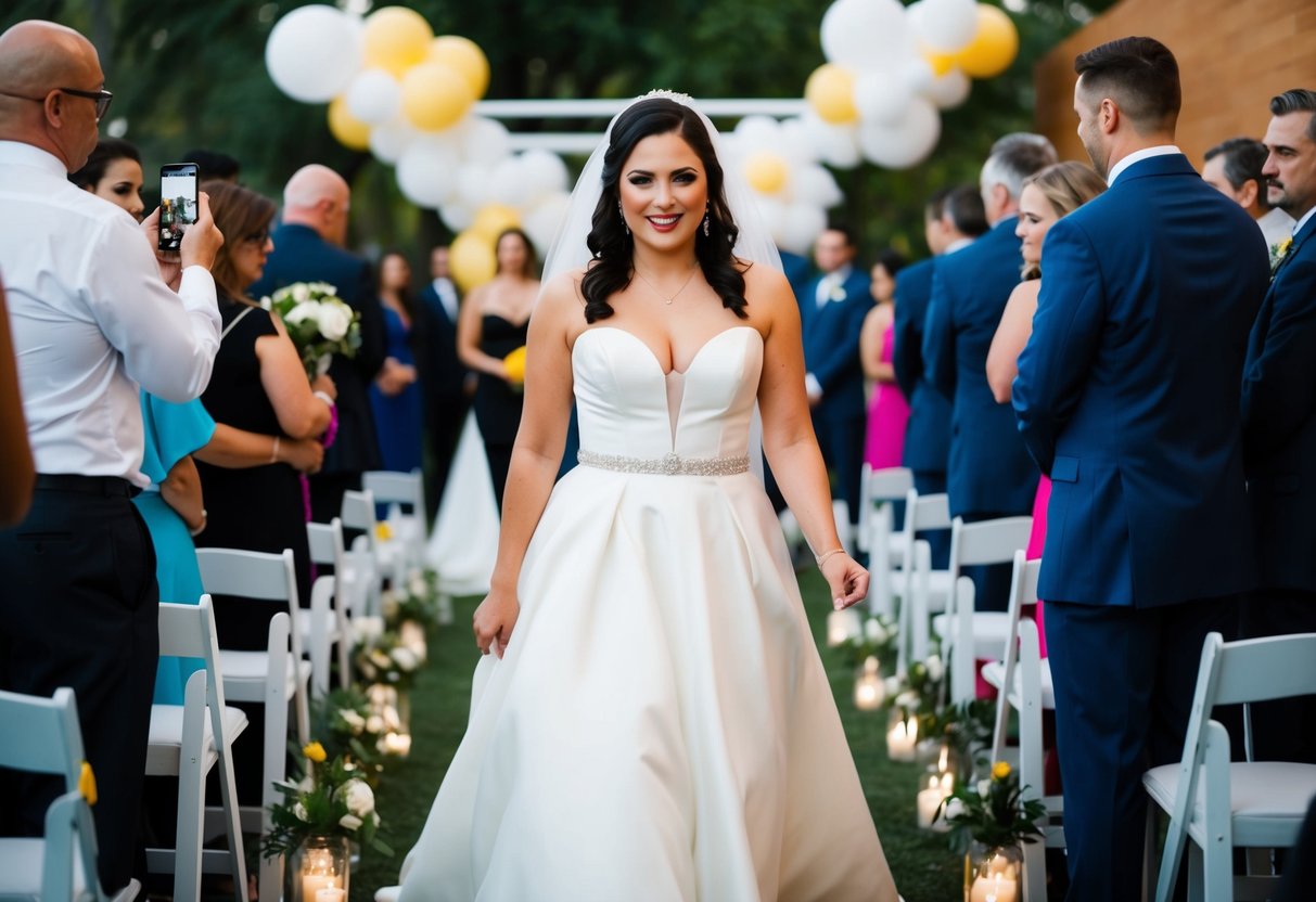A bride in a non-traditional white gown, surrounded by bold and modern decor, confidently walking down the aisle