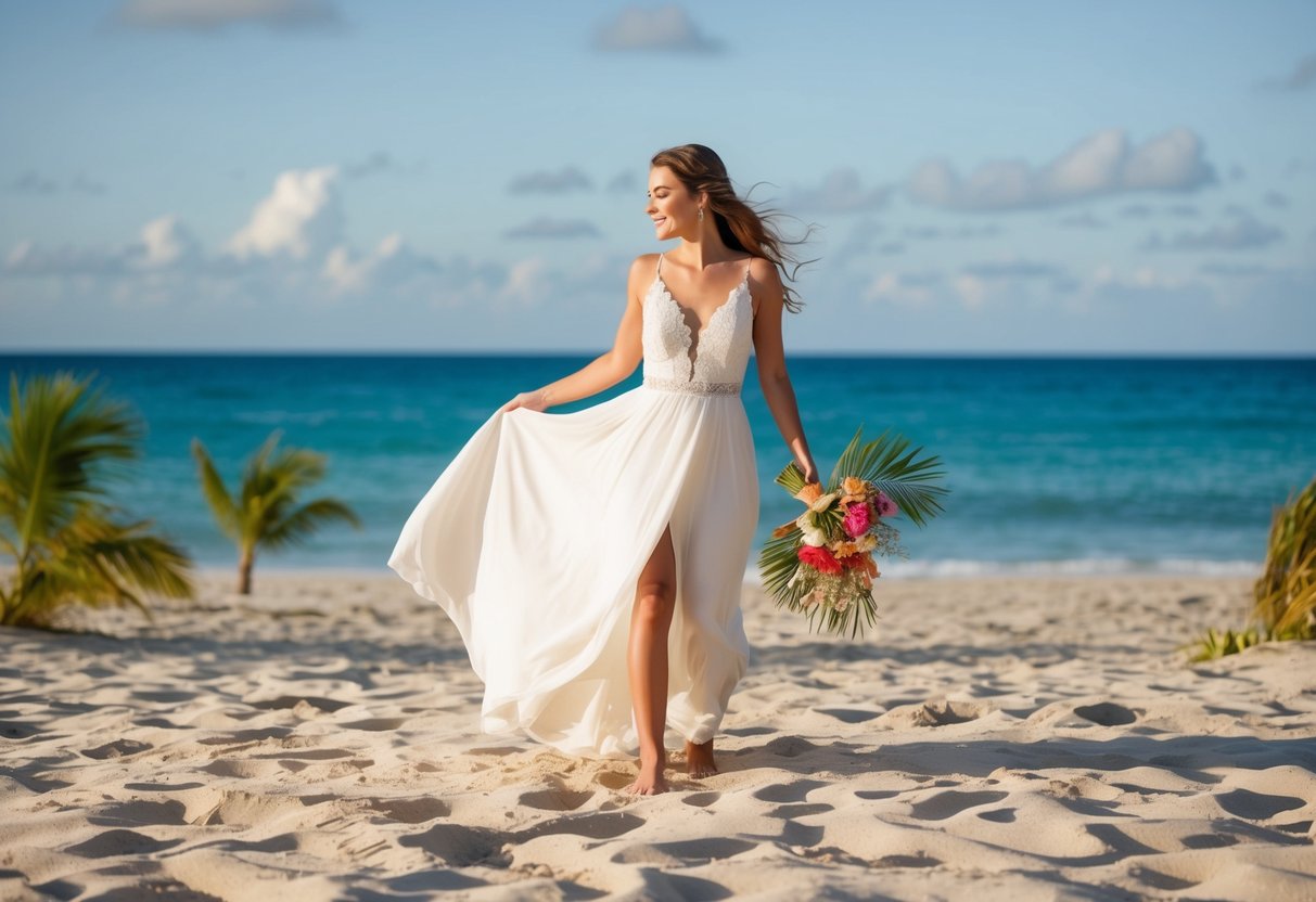 A sandy beach wedding with a bride standing barefoot in a flowing white dress, surrounded by tropical flowers and a gentle ocean breeze