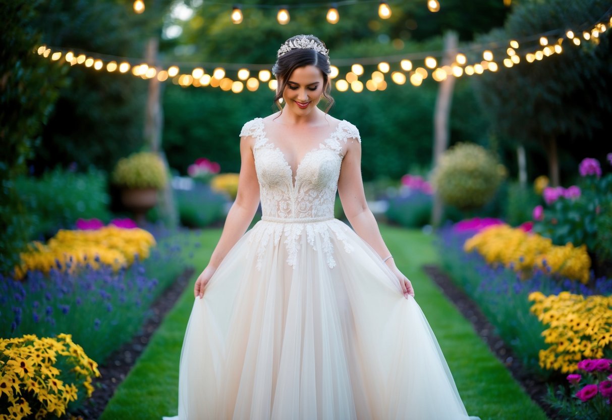 A bride stands in a garden surrounded by colorful flowers and twinkling lights, wearing a flowing white gown with intricate lace details and a sparkling tiara in her hair