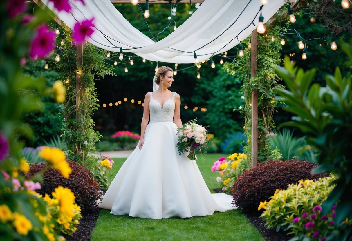 A bride standing in a lush garden surrounded by vibrant flowers and twinkling fairy lights, with a canopy of flowing fabric overhead