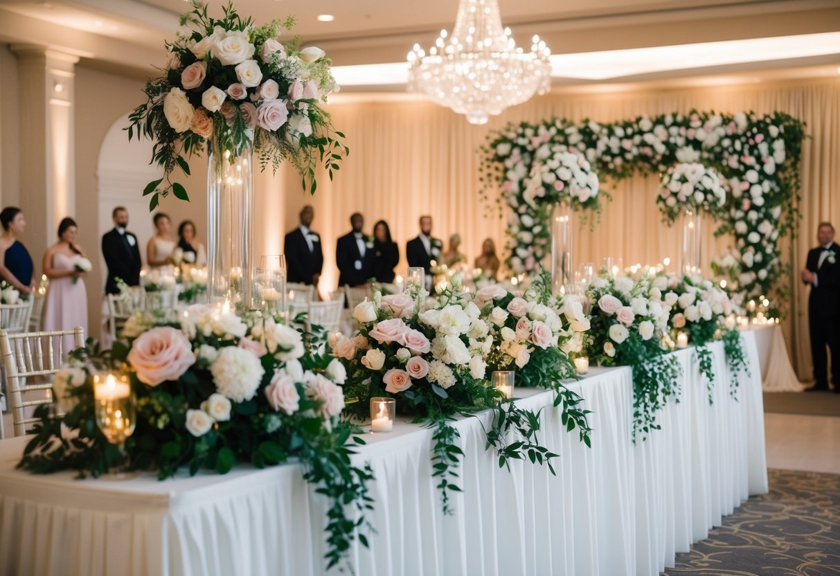 A beautifully decorated wedding venue with elegant floral arrangements, twinkling lights, and a stunning backdrop for the ceremony and reception