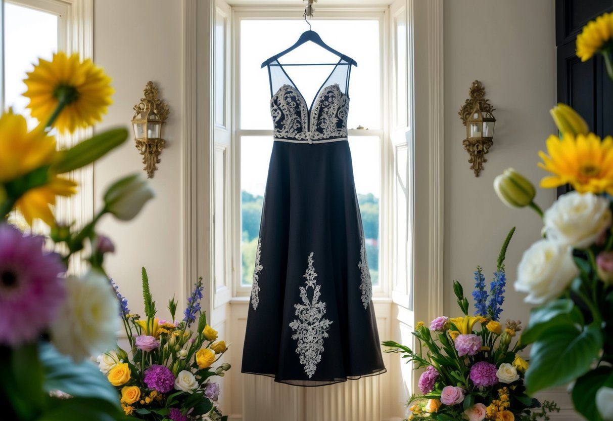 A black and white dress hangs on a hanger in a sunlit room, surrounded by colorful flowers and elegant accessories