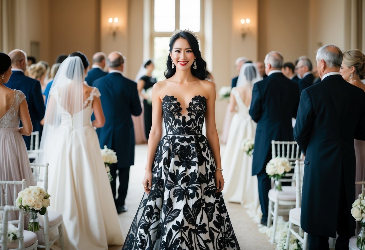 A woman in a black and white dress stands in a traditional wedding setting, surrounded by elegantly dressed guests