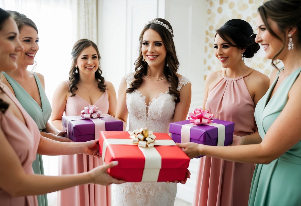 A bride presents wrapped gifts to her bridesmaids at the bridal shower