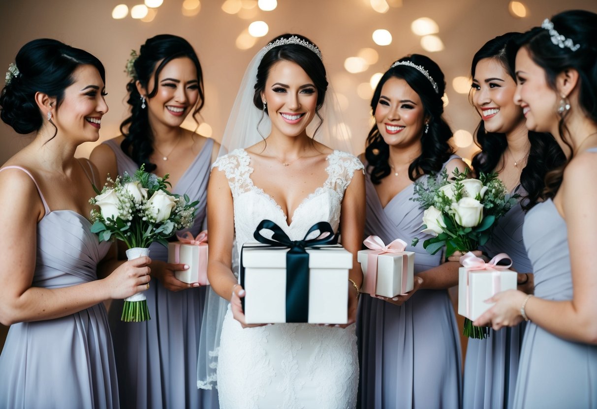 A bride presents gifts to her bridesmaids, expressing gratitude and appreciation for their support and participation in her wedding day