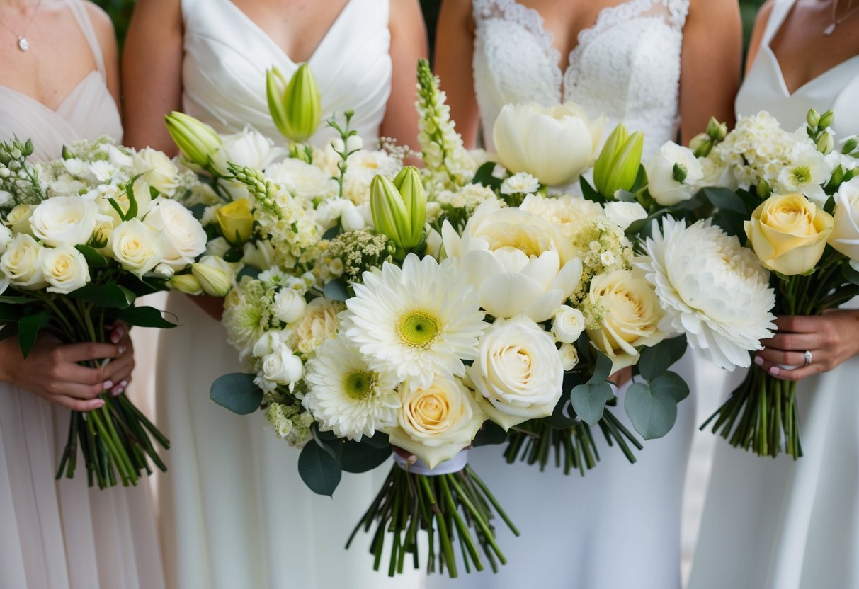 A group of flowers in various shades of white, cream, and ivory, arranged in a bridal bouquet
