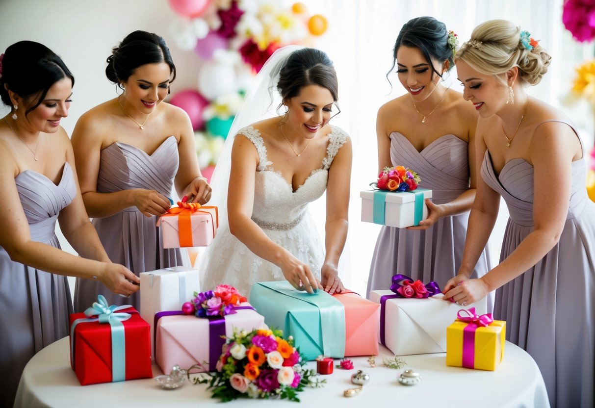 A bride carefully selects and wraps gifts for her bridesmaids, surrounded by colorful ribbons, flowers, and elegant trinkets