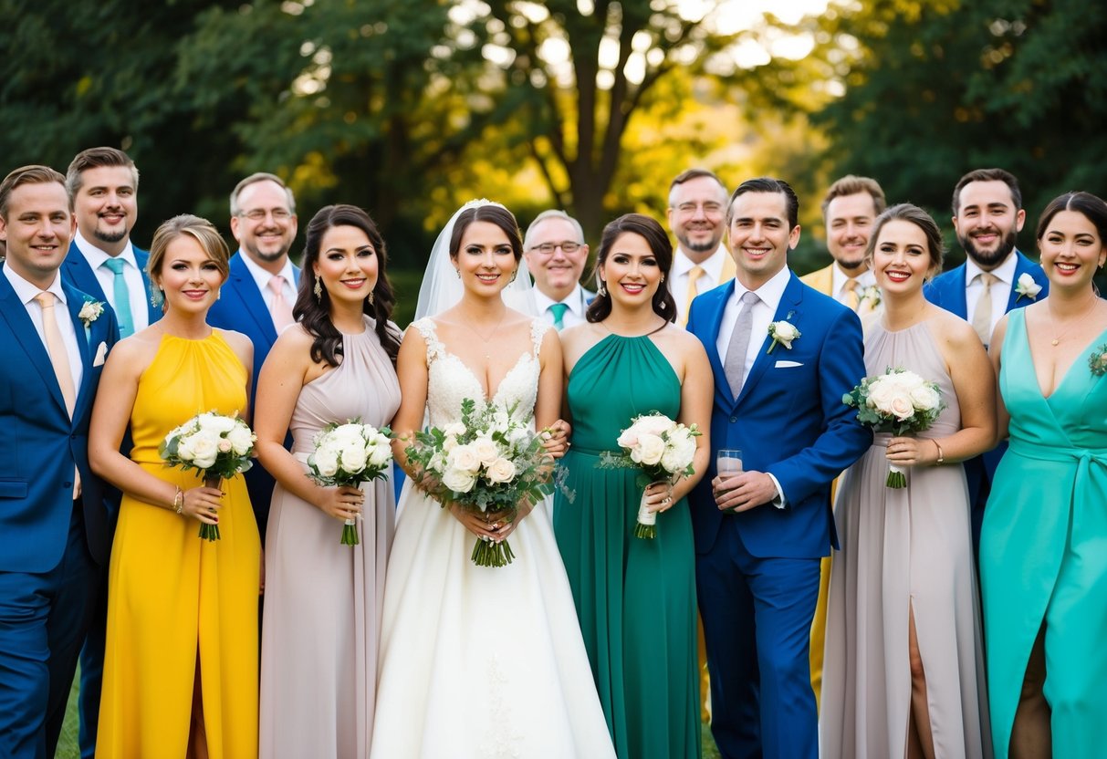 A group of guests at a wedding, all wearing different colored attire, with the bride in the center wearing a white dress