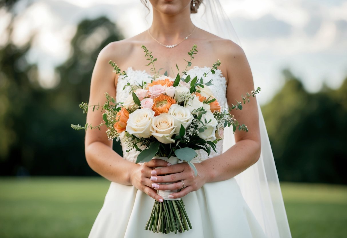 A bride holds a bouquet of flowers at a wedding