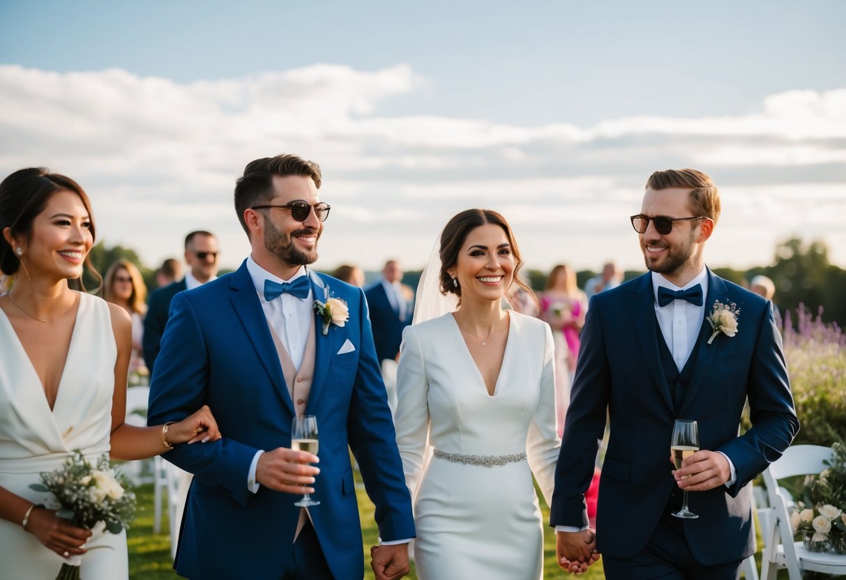 A wedding guest outfit scene with a variety of colors, excluding black and white