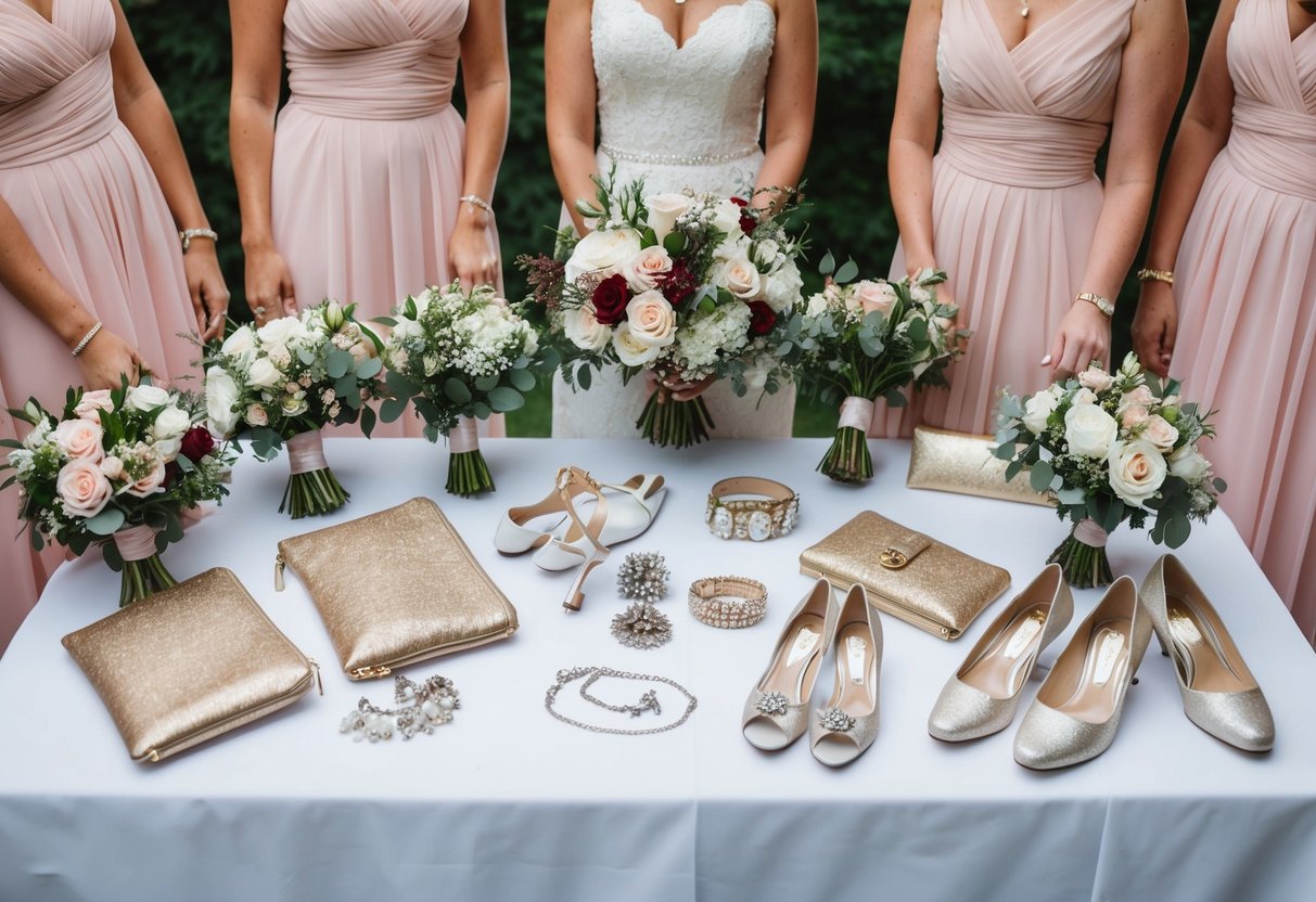 Bridesmaid accessories scattered on a table: bouquets, clutches, jewelry, and shoes