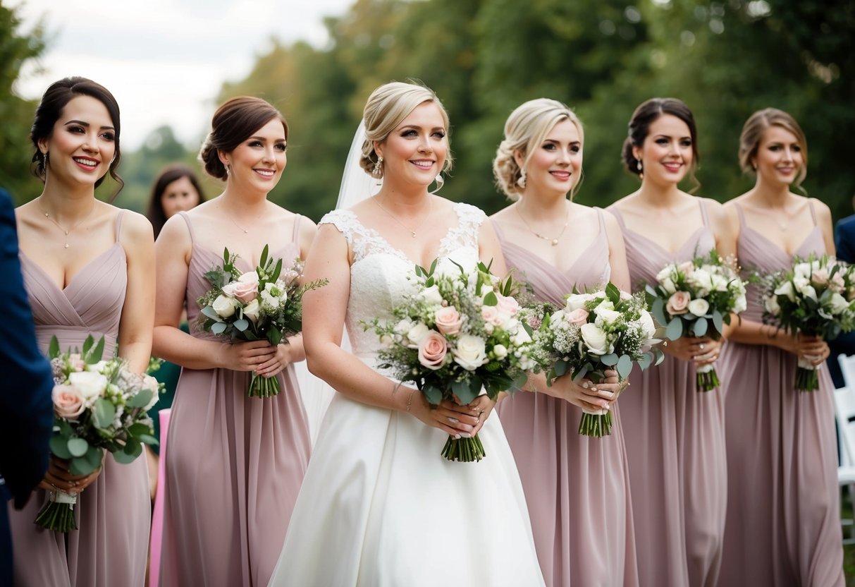 A group of bridesmaids holding bouquets and walking down the aisle
