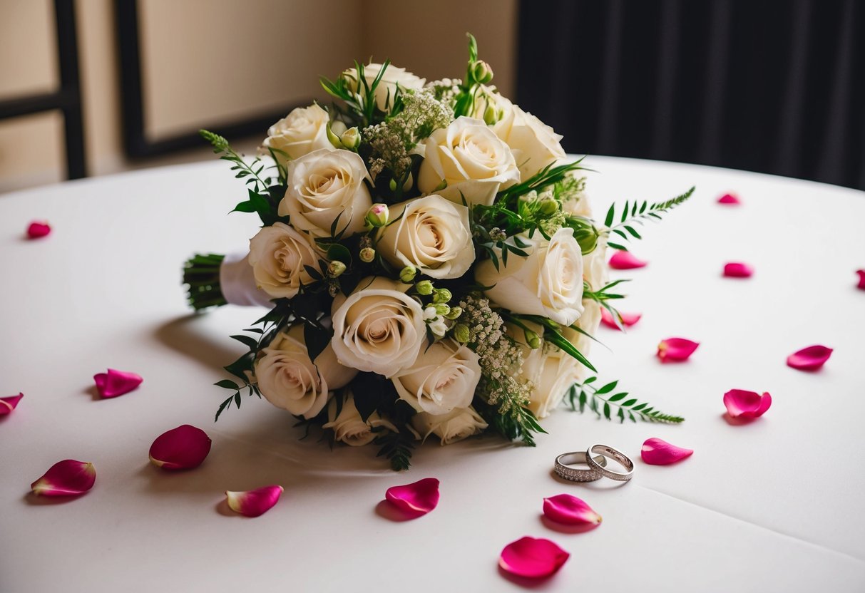 A wedding bouquet sits on a table, surrounded by scattered rose petals and a pair of wedding rings
