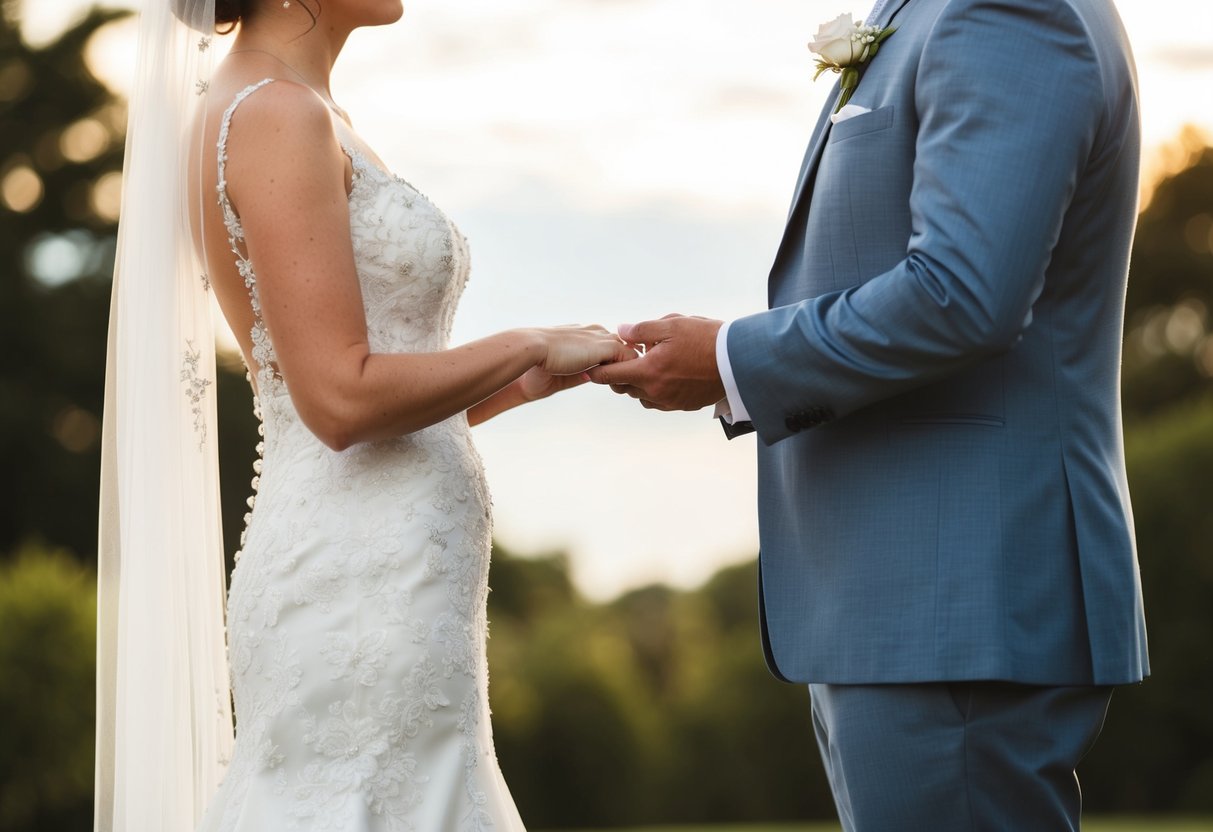 A bride and groom stand facing each other, exchanging vows