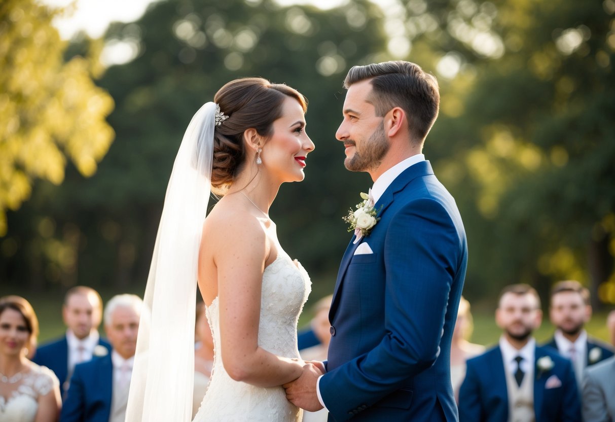 The bride and groom stand facing each other, their eyes locked in a tender gaze, as they exchange vows