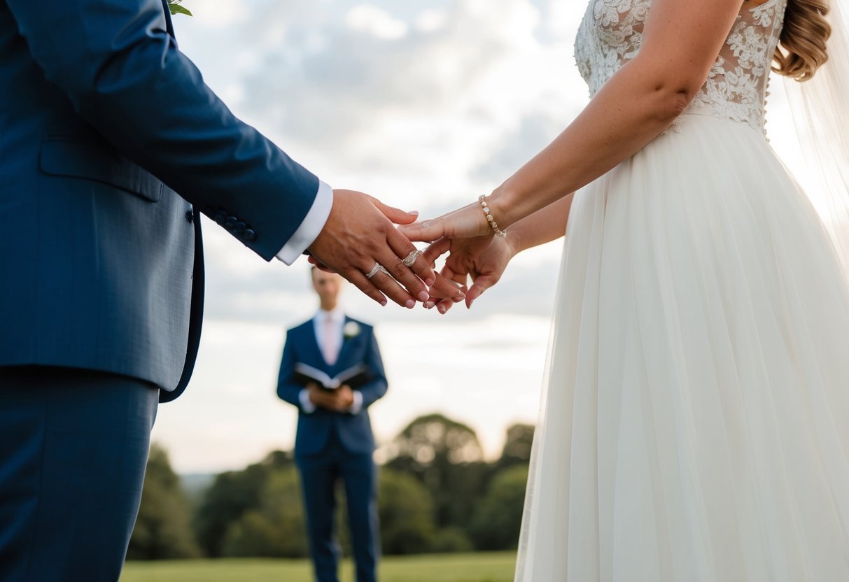 The bride and groom stand facing each other, exchanging vows and rings, symbolizing their commitment and unity