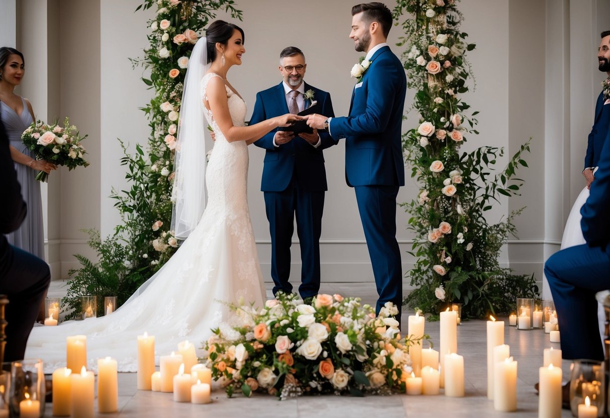 The bride and groom stand facing each other, surrounded by flowers and candles, as they exchange vows