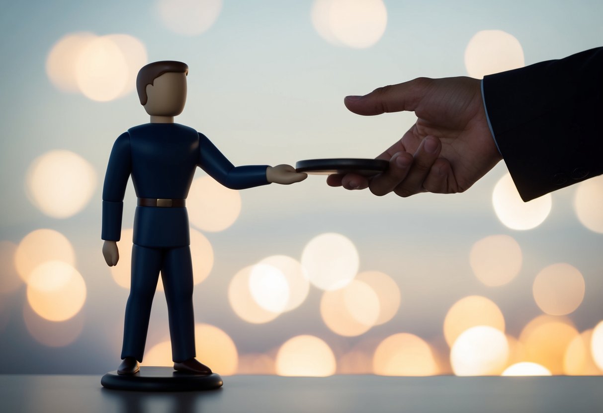 A figure extends an object to another in a gesture of offering or exchange