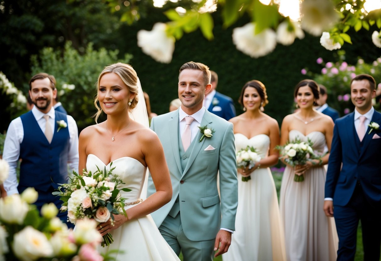 A garden wedding with guests in elegant attire, one wearing a strapless dress. The scene is filled with flowers and a romantic ambiance
