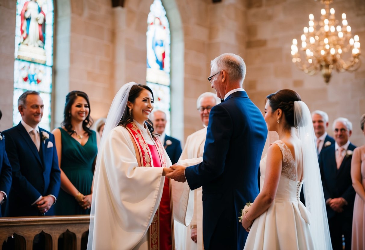 A figure stands at the altar, receiving the bride from her family member
