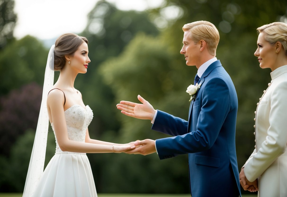 A figure presents a bride to another figure, with the bride standing in a graceful and dignified manner while the presenter gestures towards her