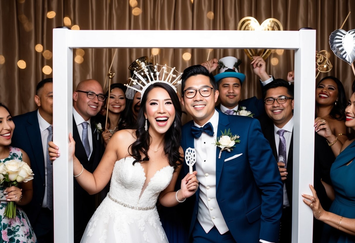 A bride and groom pose in a photobooth, surrounded by props and decorations, capturing candid and joyful moments with their guests