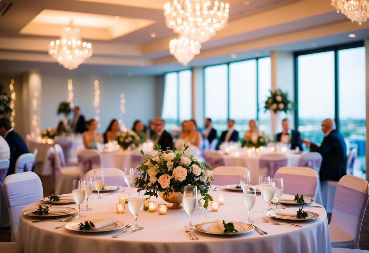 A wedding venue with decorations, flowers, and seating for guests