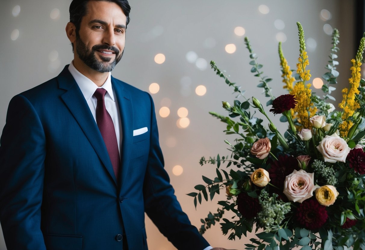 A man in a navy blue suit and a maroon tie stands beside a floral arrangement