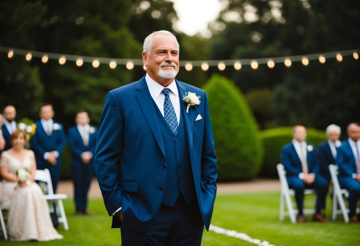 A distinguished man in a navy blue suit and matching tie, standing proudly at his son's wedding