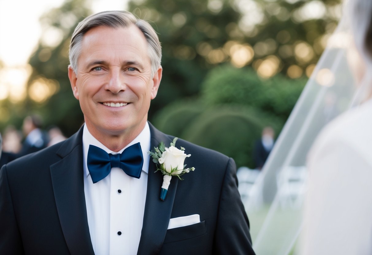 The father of the groom wears a classic black tuxedo with a crisp white dress shirt and a deep navy blue tie
