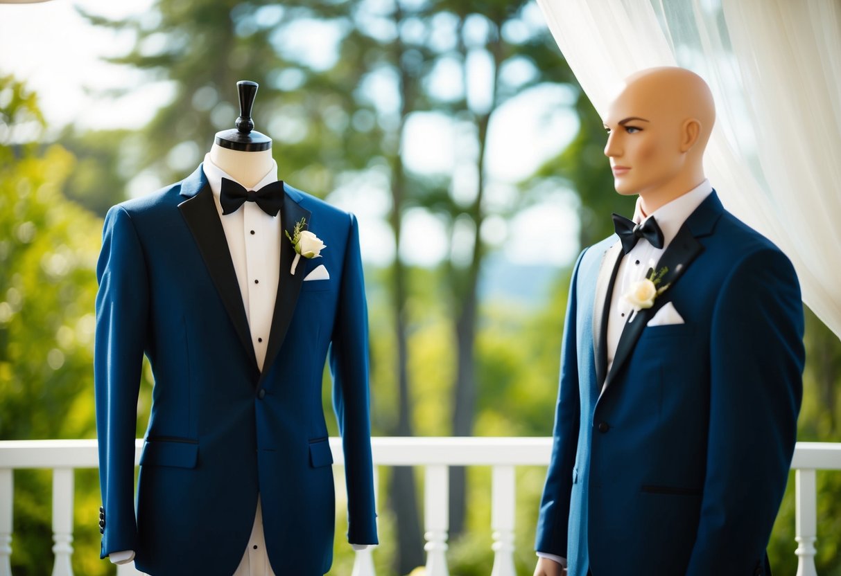 A mannequin in a tuxedo stands next to the groom at a wedding